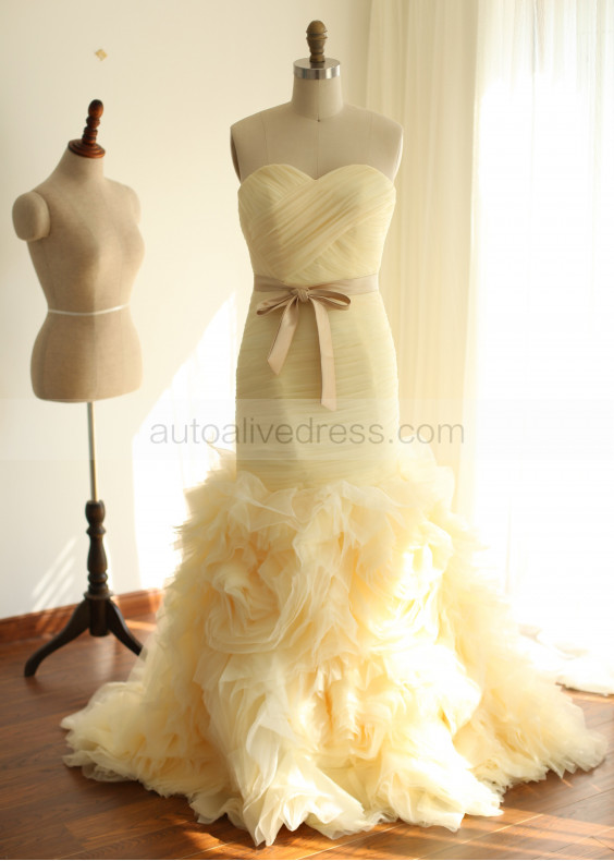 Strapless Champagne Organza Ruffled Prom Dress